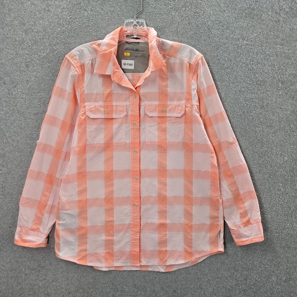 Eddie Bauer Travex Women Top Small Orange Plaid Nylon Button Up Collar Mesh Vent